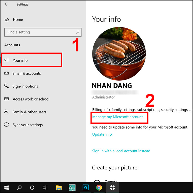Cách thay đổi tên người dùng trên laptop bằng tài khoản chọn Microsoft chọn Your info (cột bên trái) -> Click chọn Manage my Microsoft Account