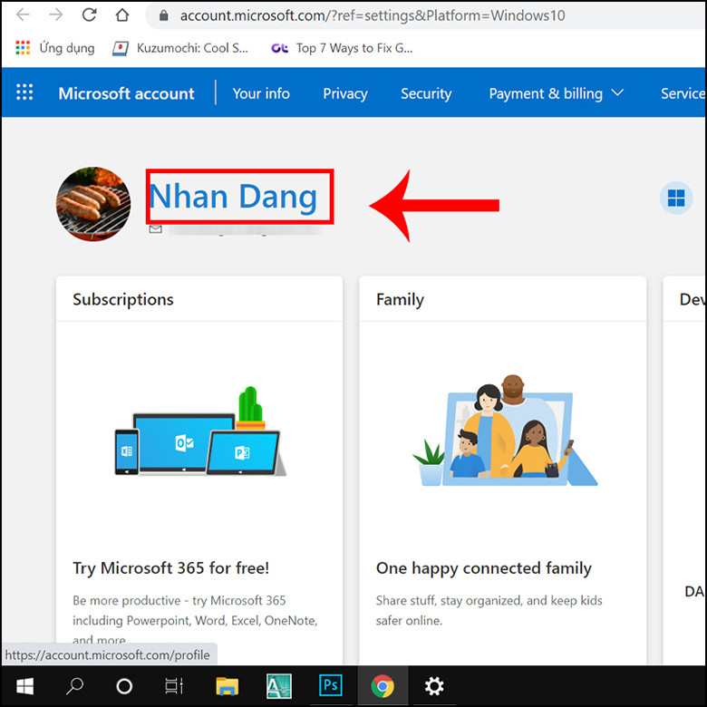 Cách thay đổi tên người dùng trên laptop bằng tài khoản chọn Microsoft click vào chọn tên