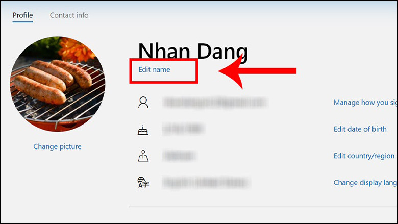 Cách thay đổi tên người dùng trên laptop bằng tài khoản chọn Microsoft vào Edit name để chỉnh sửa tên