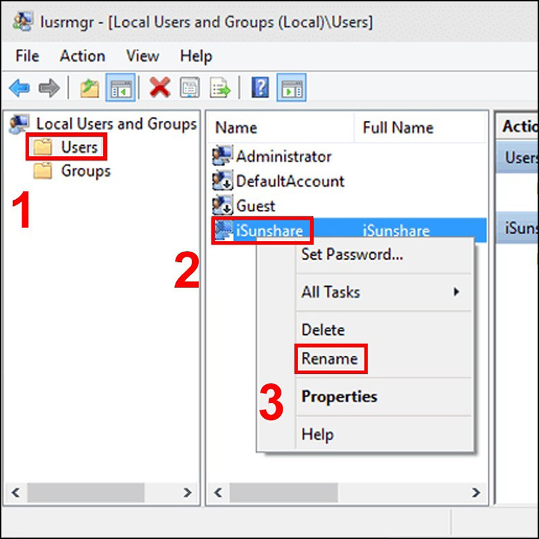 Cách thay đổi tên người dùng trên laptop bằng Local Users and Groups trên Win 10 nhập lệnh "lusrmgr.msc" -> Chọn OK hoặc nhấn Enter cách 1 chọn Rename và nhập tên bạn muốn đặt