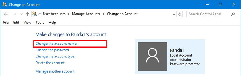 Cách thay đổi tên người dùng trên laptop sử dụng Control Panel tiếp tục chọn Change the account name