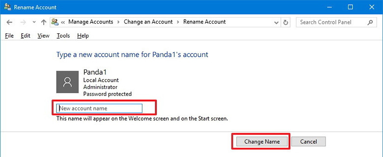 Cách thay đổi tên người dùng trên laptop sử dụng Control Panel đánh tên bạn muốn thay đổi và chọn Change Name để lưu