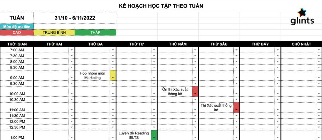 Mẫu kế hoạch học tập theo tuần