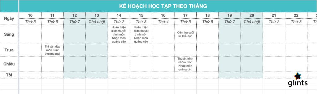 Mẫu kế hoạch học tập theo tháng