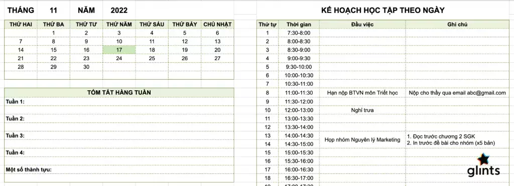 Mẫu kế hoạch học tập theo ngày