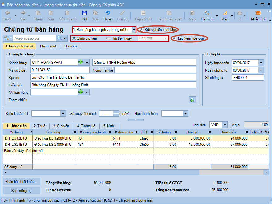 Hướng dẫn chọn chứng từ bán hàng