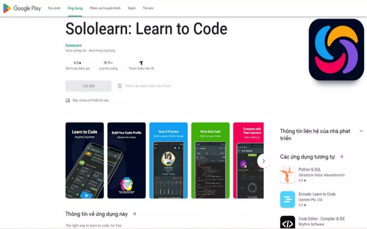 Giao diện SoloLearn trên Google Play