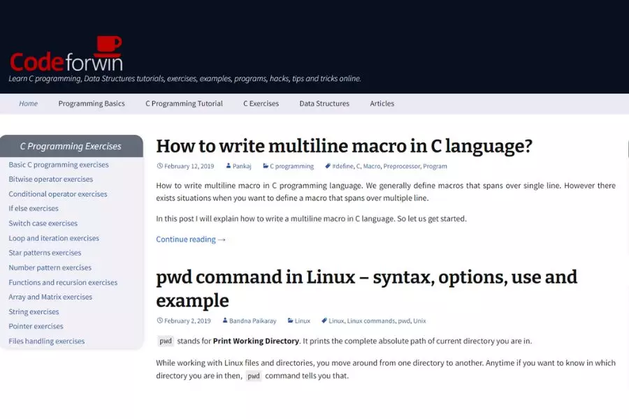 Codeforwin mang lại nhiều nguồn tài liệu đa dạng về ngôn ngữ lập trình C