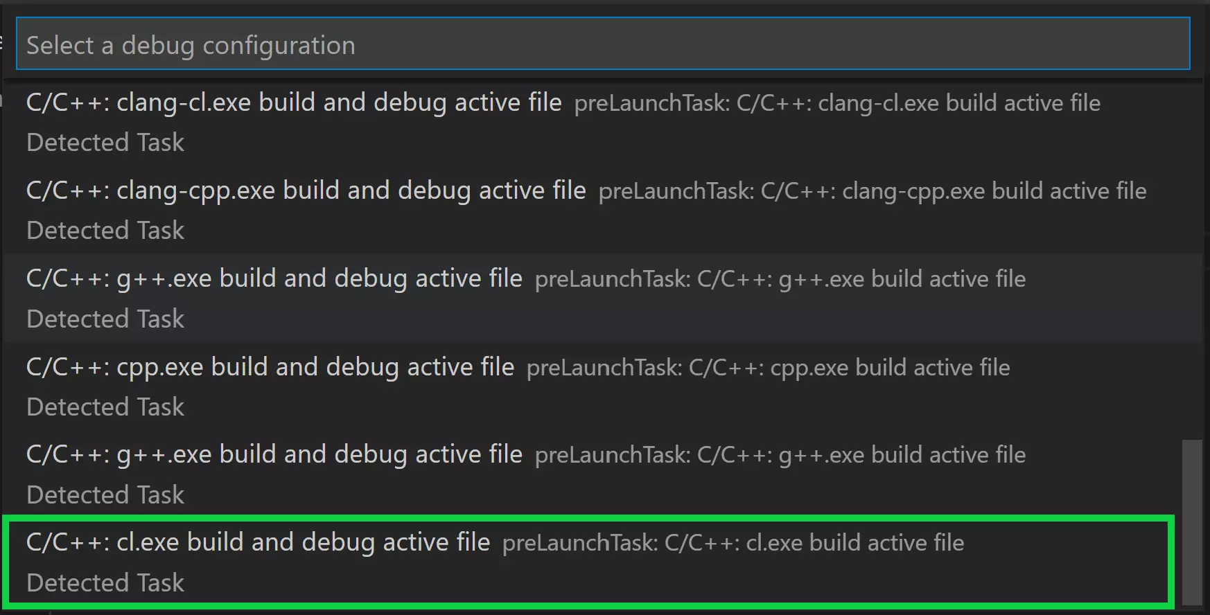 C++ debug configuration dropdown