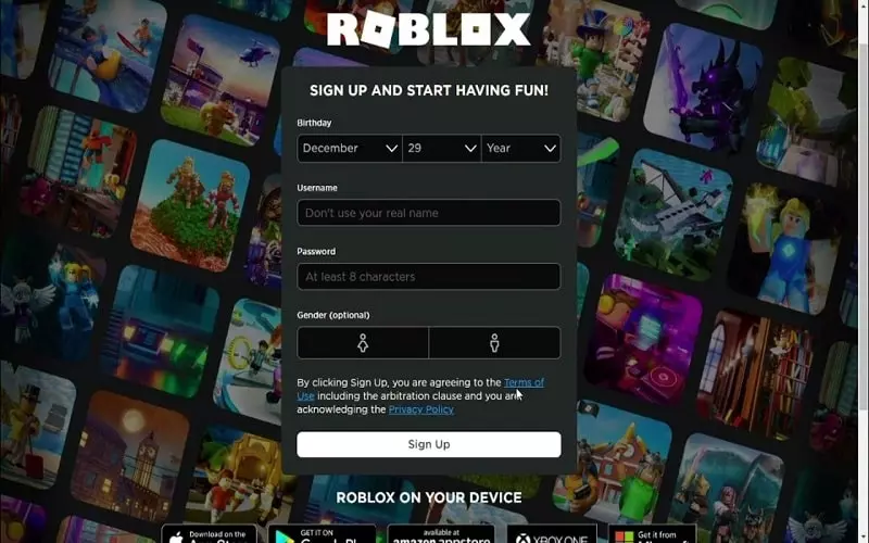 Màn hình giao diện tạo tài khoản Roblox