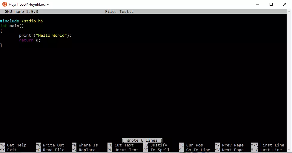 Chương trình C Hello World soạn bằng Nano