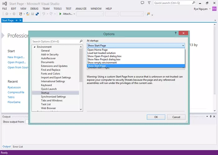 Visual Studio Startup Page