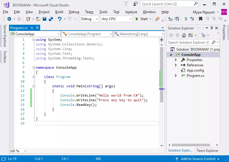 Giao diện code editor của Visual Studio