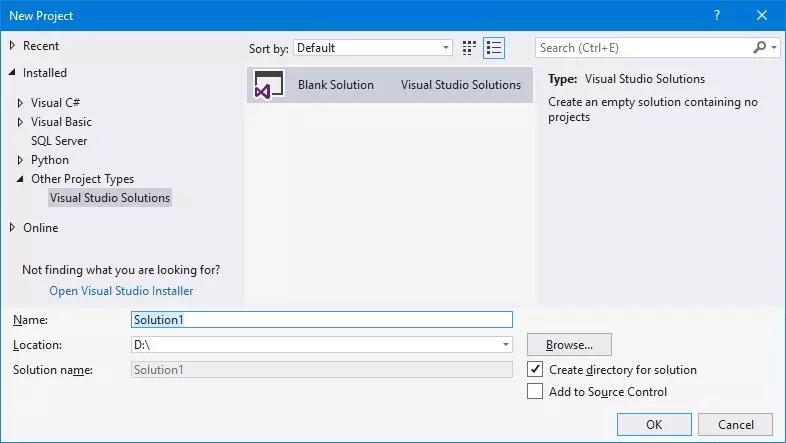 Visual Studio tạo blank solution