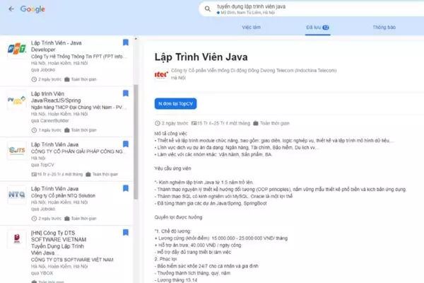 Thông tin tuyển dụng lập trình viên Java được đăng tải trên Google