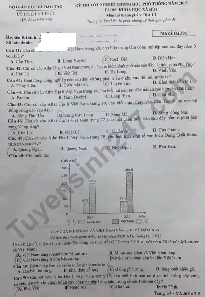 trắc nghiệm địa lí 12 theo đề thi THPT quốc gia mã đề 301