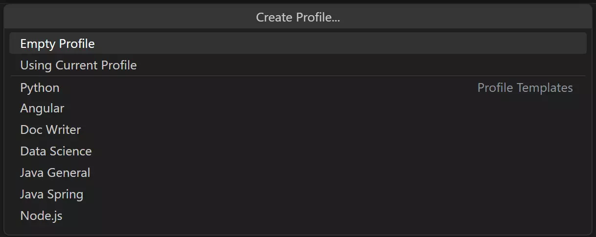 Create Profile dropdown with profile templates