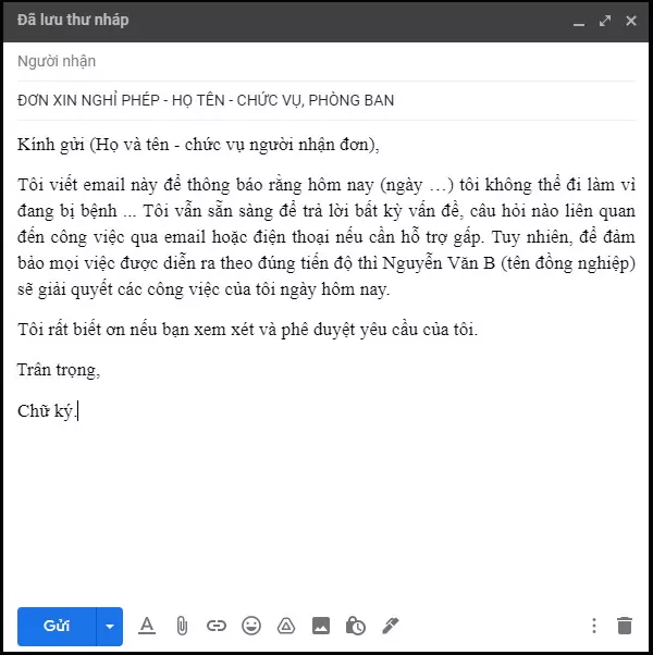 Mẫu Email xin nghỉ phép bằng tiếng Việt số 1