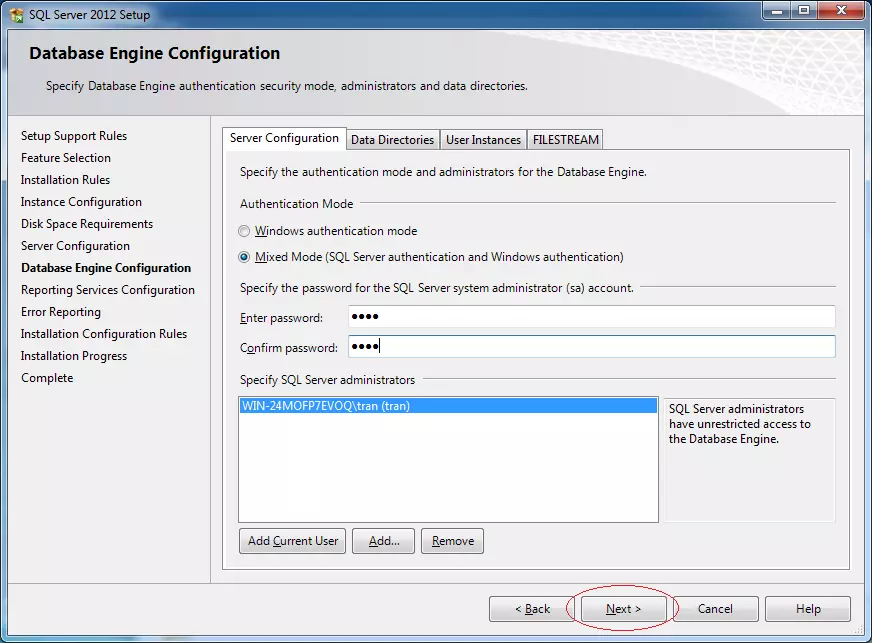 Cấu hình động cơ cơ sở dữ liệu (Database Engine Configuration)