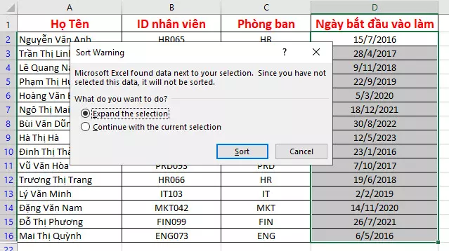 Thiết lập các cài đặt cho hộp thoại Sort