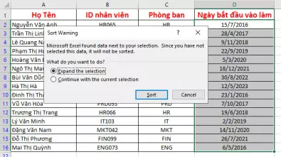 Cách sắp xếp theo thứ tự tăng dần trong Excel bằng Sort