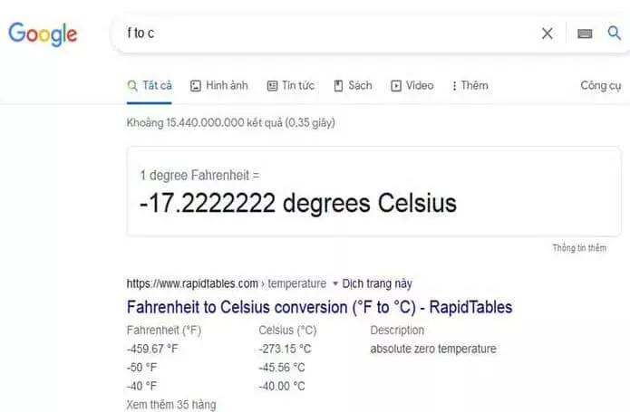 Tìm kiếm Google "Fahrenheit to Celsius"