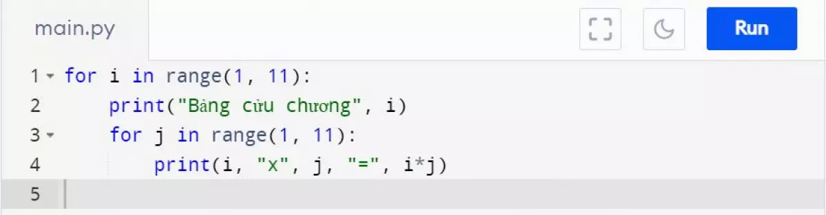 Viết một chương trình sử dụng vòng lặp for để in ra bảng cửu chương từ 1 đến 10 trong ngôn ngữ lập trình Python