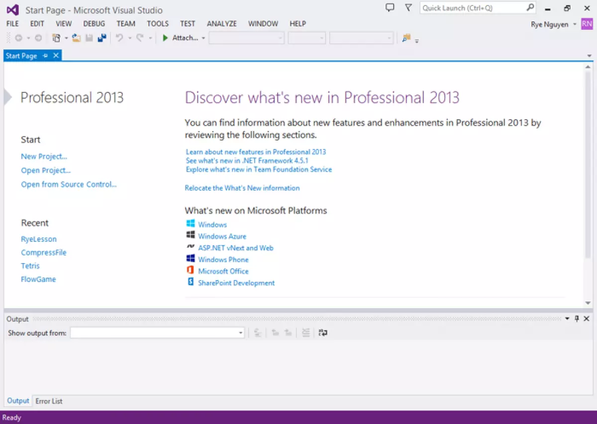 Cửa sổ làm việc của Visual Studio Community 2013