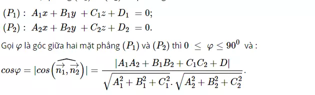 Công thức góc giữa hai phương trình mặt phẳng