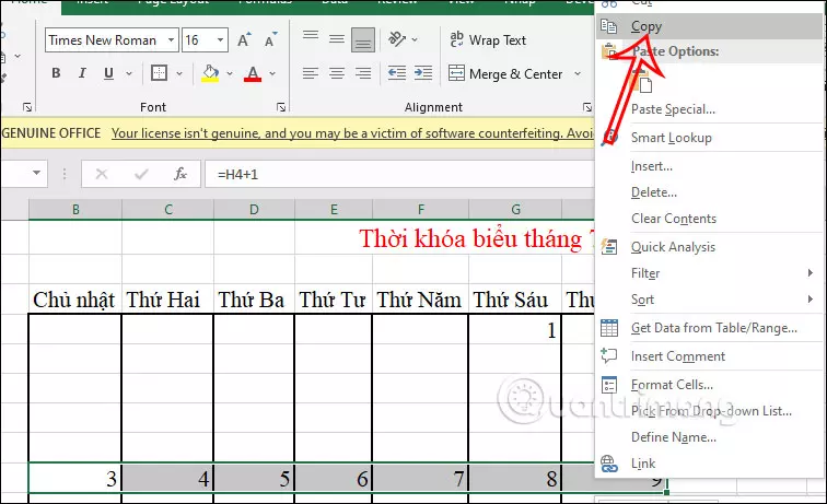 Ngày trong tháng Excel