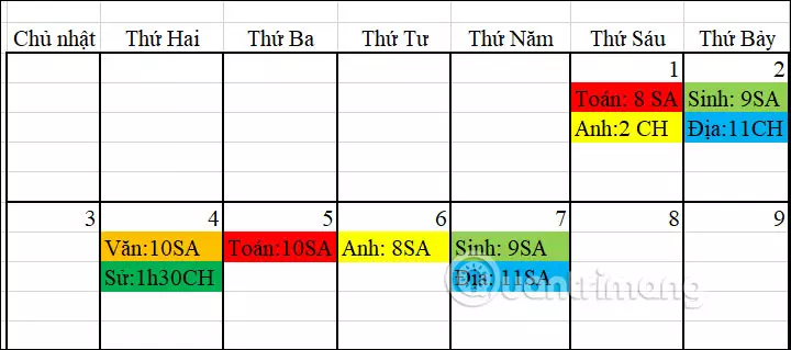 Điền môn học trong Excel