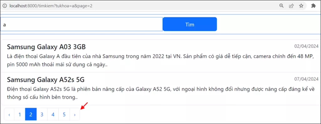 Hình ảnh kết quả phân trang