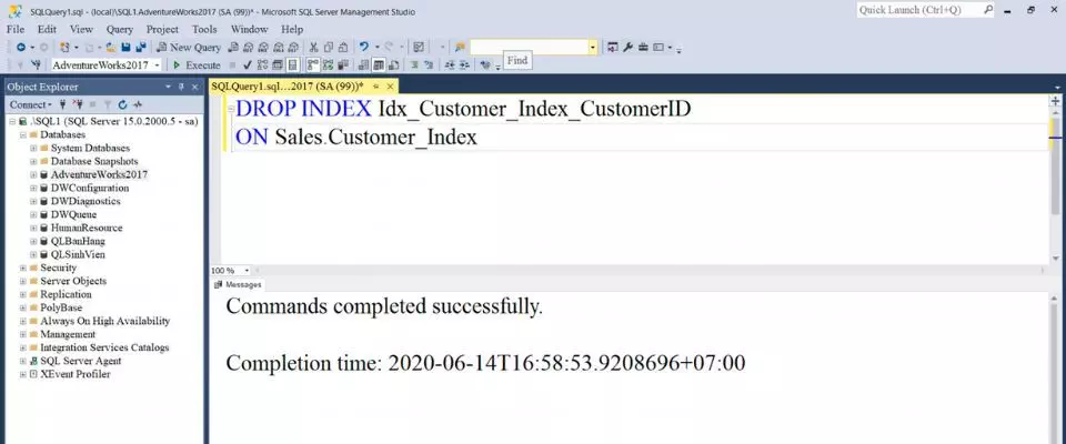 Kết quả màn hình lệnh DROP INDEX