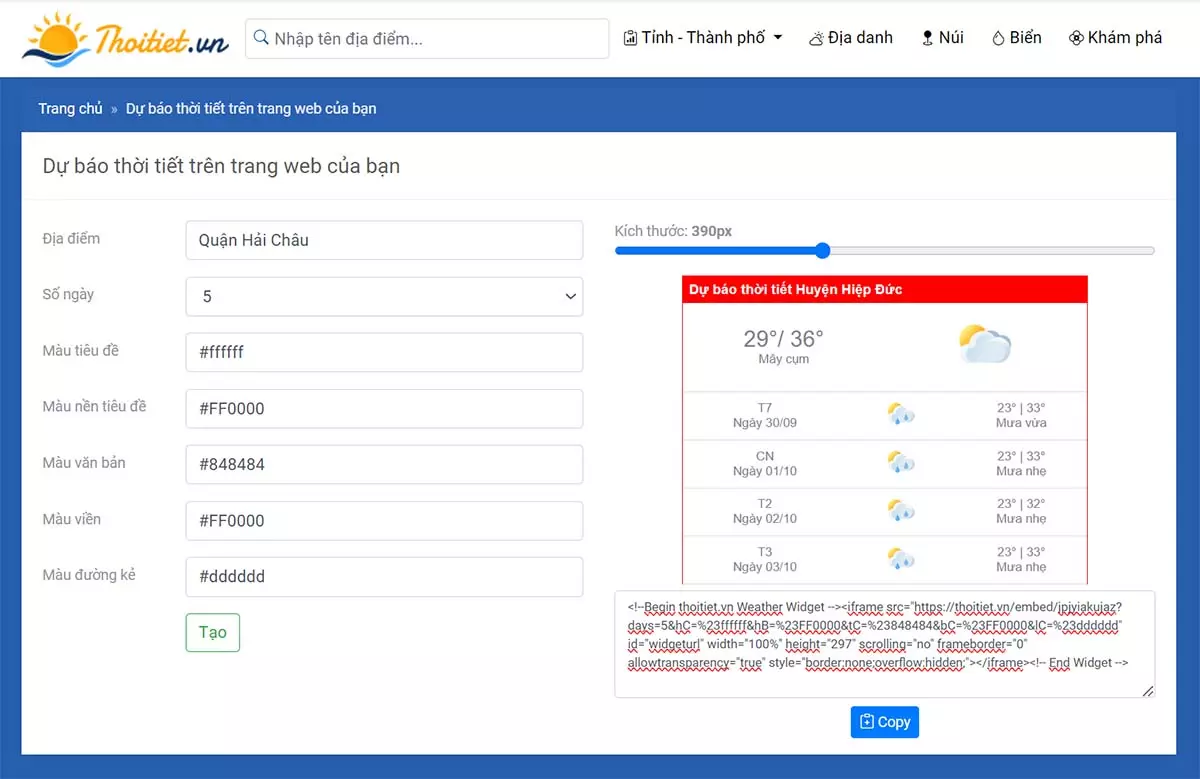 Tạo widget thời tiết đẹp cho website từ Thoitiet.vn/widget
