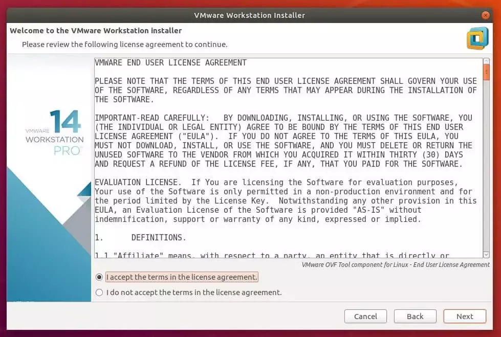 Install VMware Workstation 14 on Ubuntu 18.04 - End User License Agreement