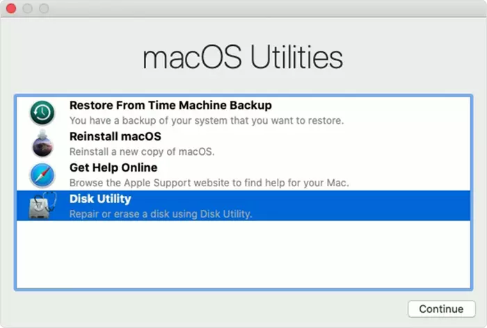 Bạn ấn vào Disk Utility rồi chọn Continue