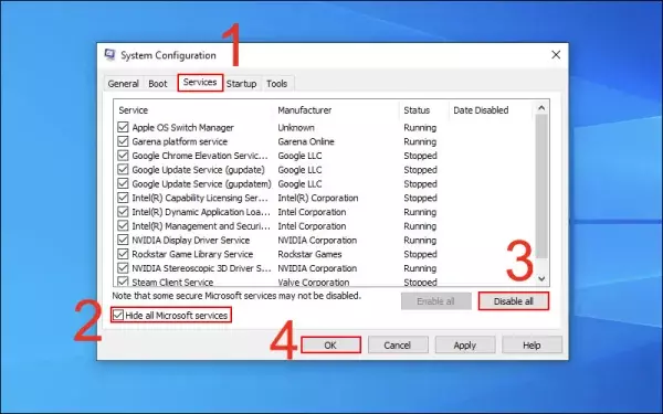 Hide all Microsoft services tiếp tục chọn Disable all