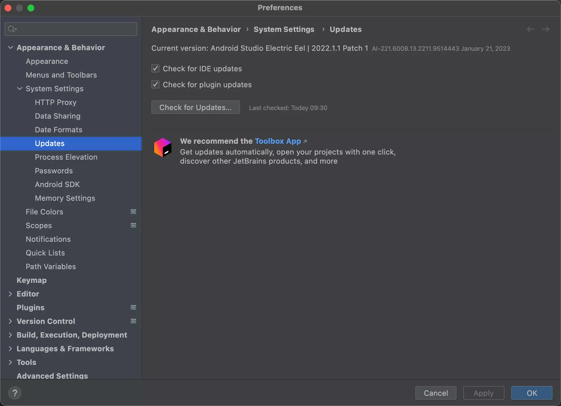 Cài đặt Android Studio Updates