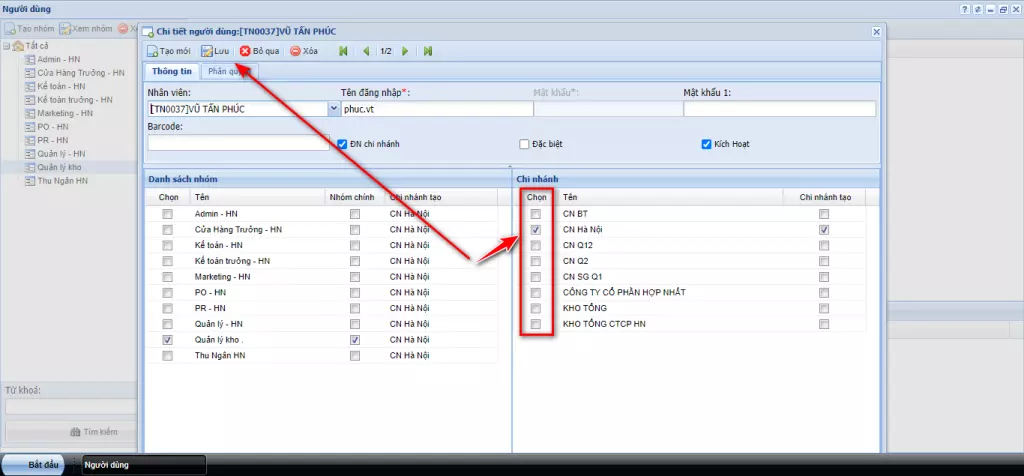 Phân quyền chi nhánh người dùng