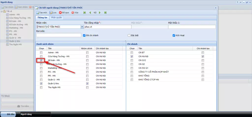 Phân quyền chi nhánh người dùng
