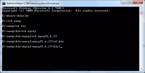 truy cập thư mục MySQL bằng cmd