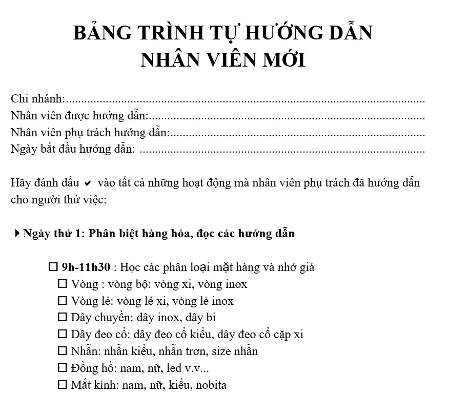 Biểu mẫu đào tạo nhân viên mới bằng Word