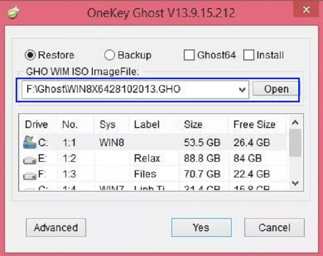 Đánh dấu tích vào Restore trong hộp thoại OneKeyGhost