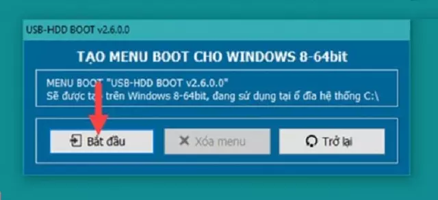 Click vào tạo menu boot cho Windows khi xuất hiện giao diện mới