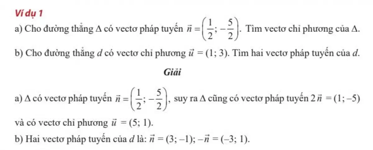 Ví dụ về vectơ chỉ phương và vectơ pháp tuyến của đường thẳng