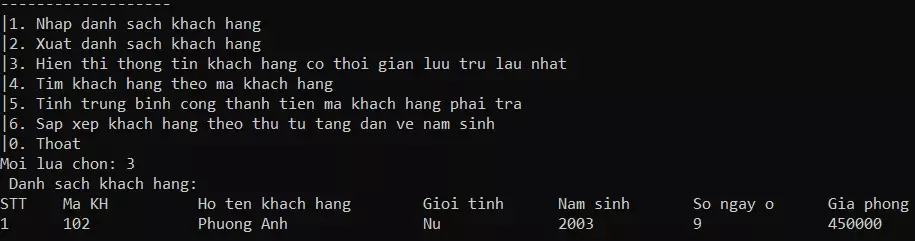 Hiển thị thông tin khách hàng có thời gian lưu trú lâu nhất