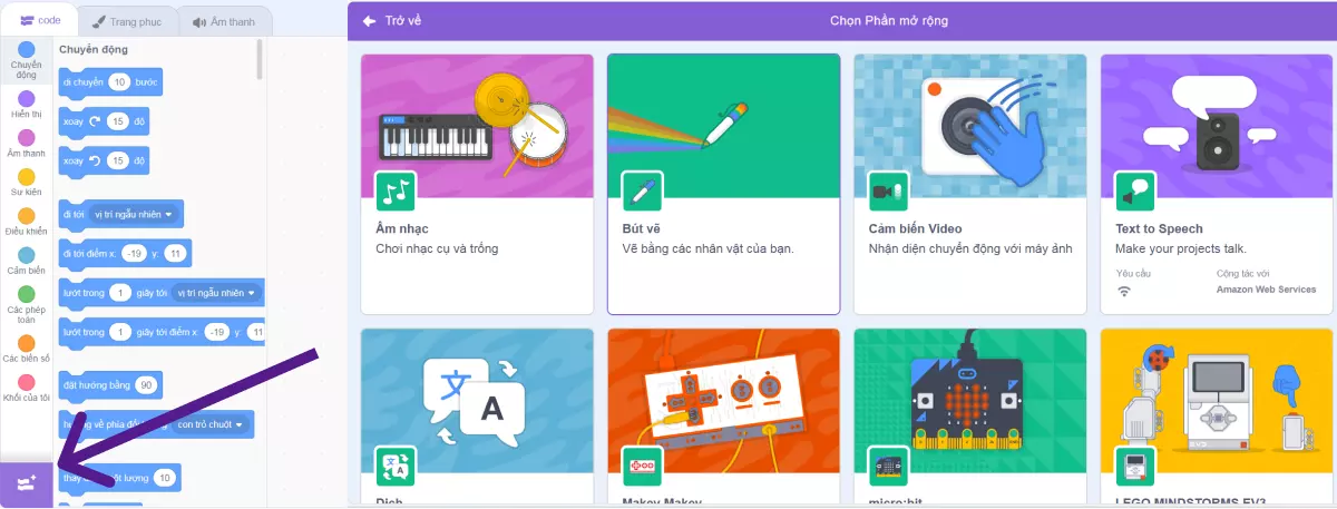 Khu vực tiện ích mở rộng trong lập trình Scratch