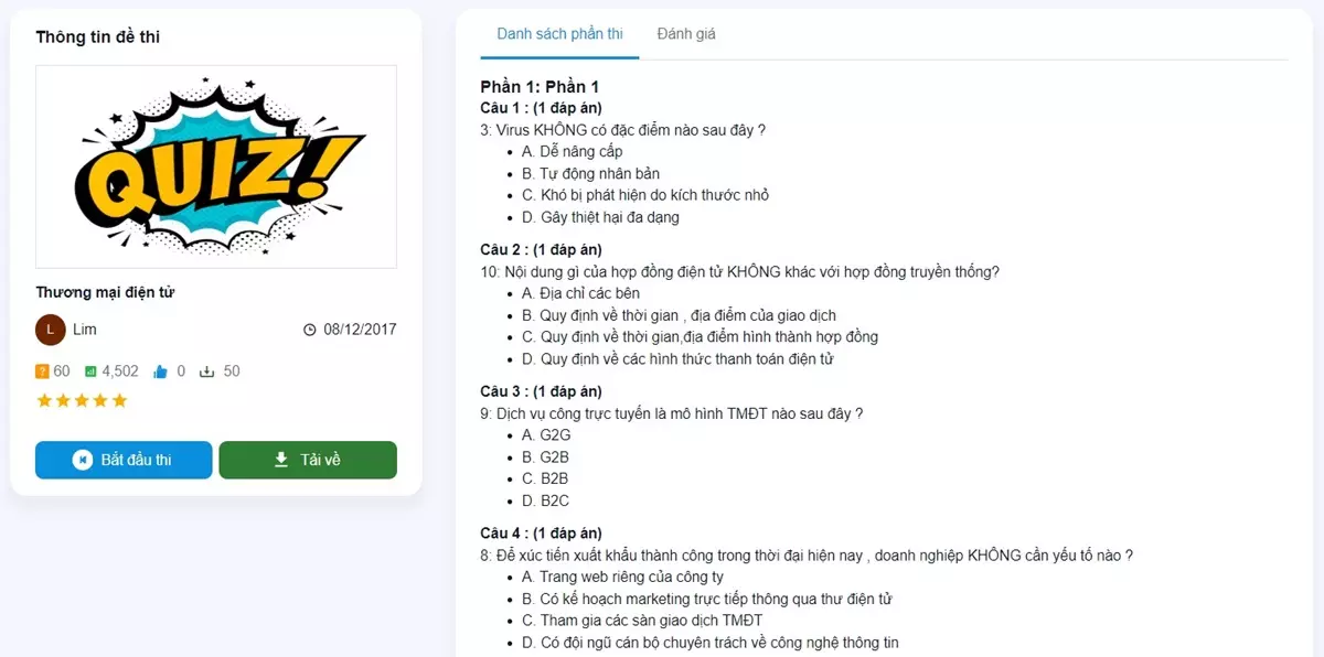 Đề trắc nghiệm thương mại điện tử nhiều lượt thi nhất EduQuiz