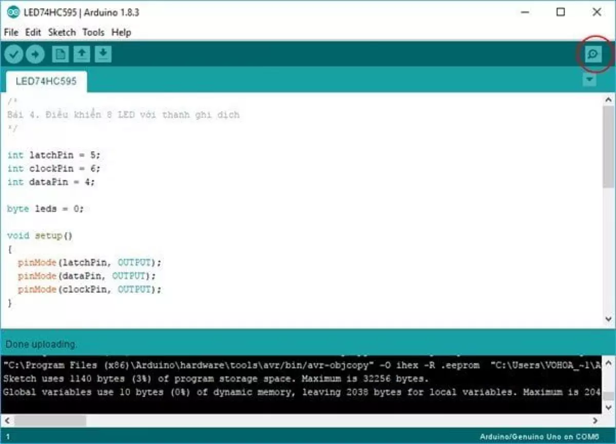 Biểu tượng Serial Monitor trong Arduino IDE